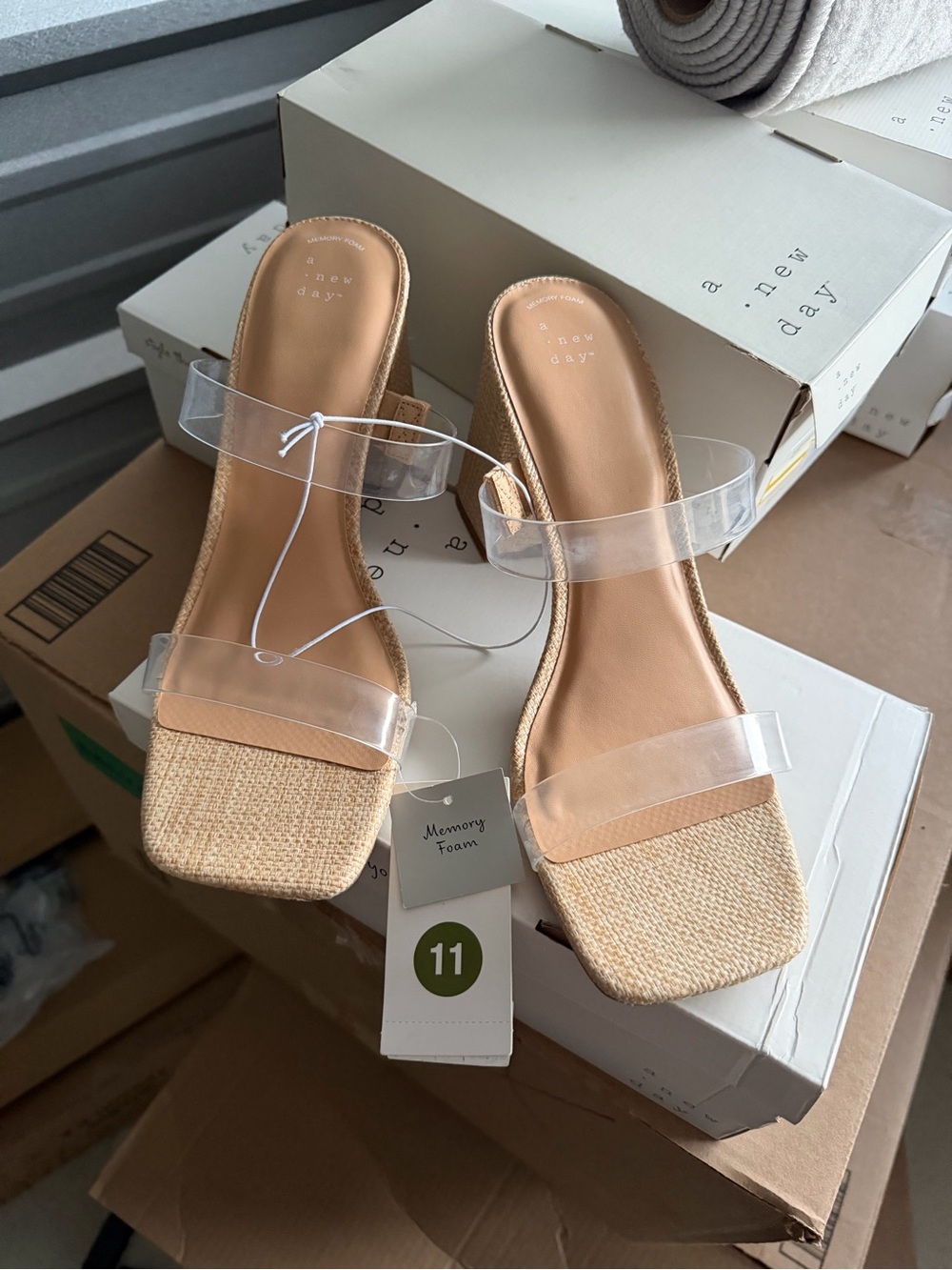 a new day Natural Raffia Slide Mules with Clear Straps